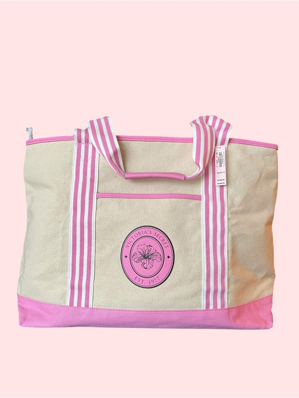 NWT Victoria's Secret Pink Striped Canvas Weekender Beach Tote Bag